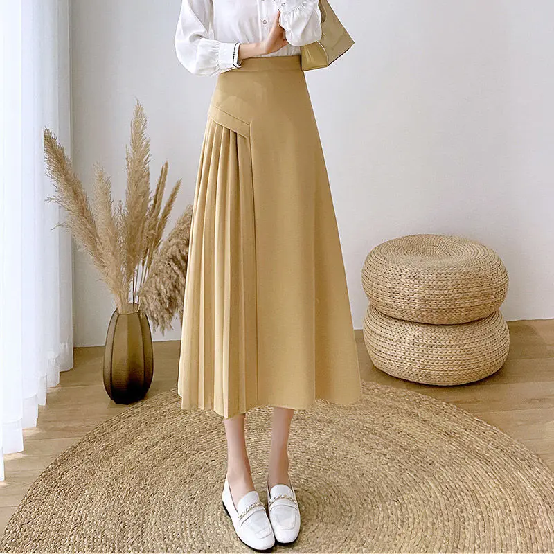 

Temperament Summer Suit Skirts Women Solid High Waist Pleated Asymmetrical Fashion Office Lady A-line Mid-length Pleated Skirt