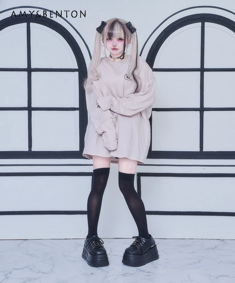 Japanese Mine Series Mass-produced Cartoon Embroidered Cotton Long-sleeved T-shirt Solid Color Versatile Subculture Gothic Top