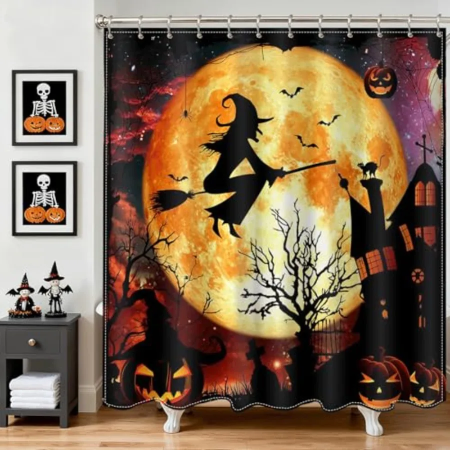 

Halloween Shower Curtain Flying Witch Halloween Castle Bathroom Curtain Horror Orange Night Moon Polyester Fabric Shower Curtai