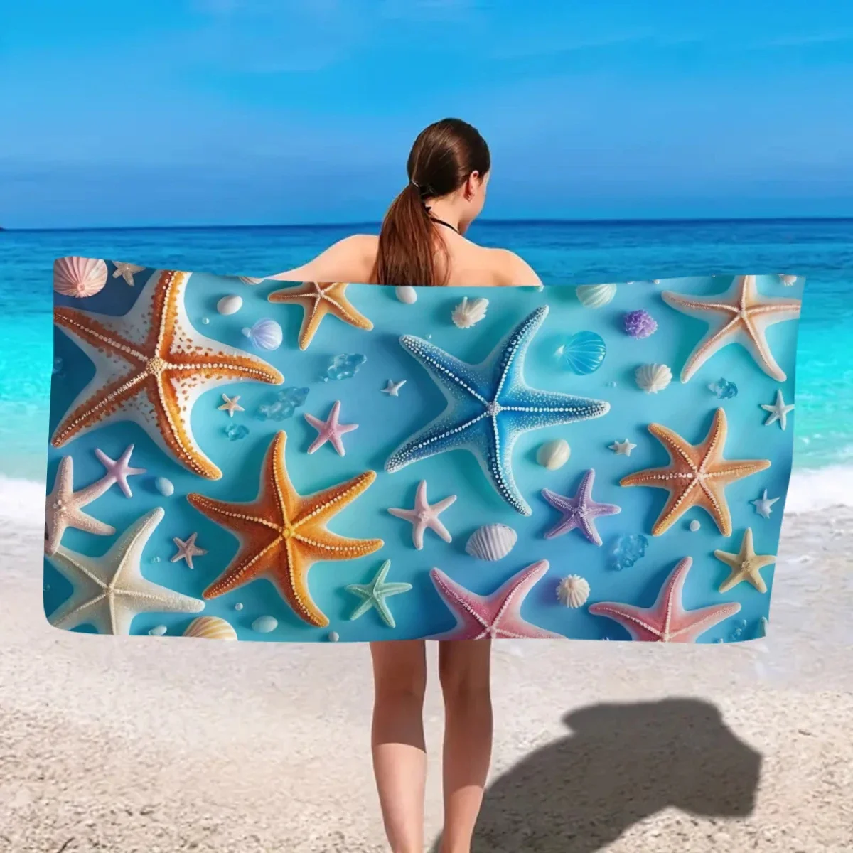 1pc Ocean element ultra-fine fiber beach towel, quick drying absorbent swimming towel, swimming sports beach towel