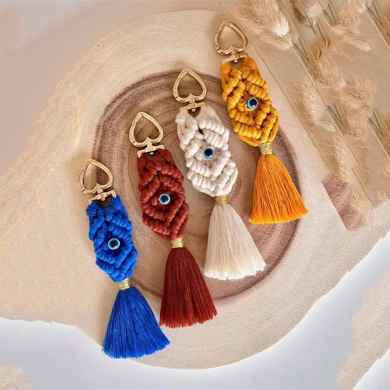 Macrame Eye Keychain Ideal Gift for Her Boho Woven Tassel Bag Charm Ethnic Style Key Ring for All Occasions Daily Use