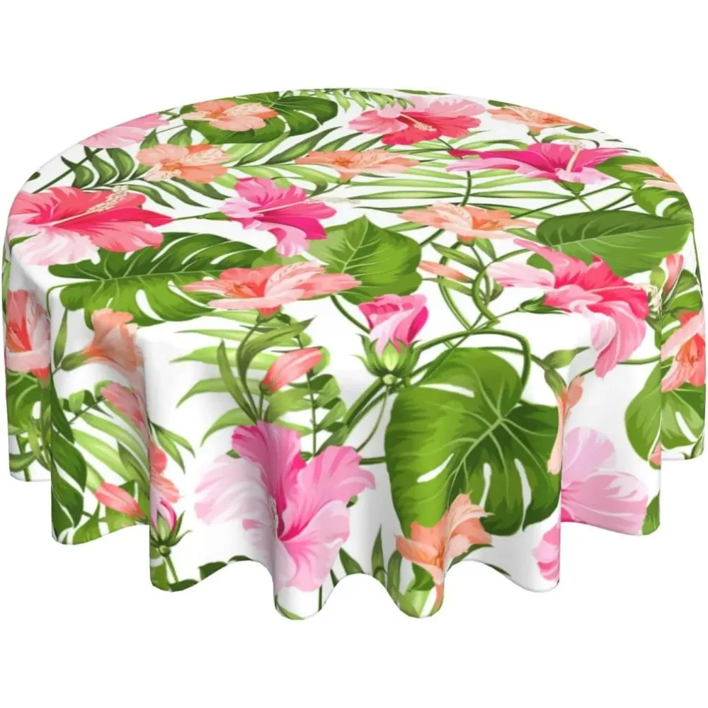 Hawaiian Blooming Hibiscus and Palm Tablecloth Tropical Leaves Round Table Cover Washable Polyester Tablecloth for Picnic Dining