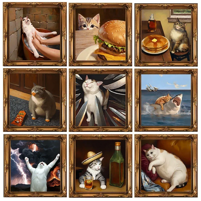 (2D Canvas painting) Modern Cute Fat Cat Pet Gift Poster Renaissance Style Canvas Painting Animal Wall Art Picture for Living