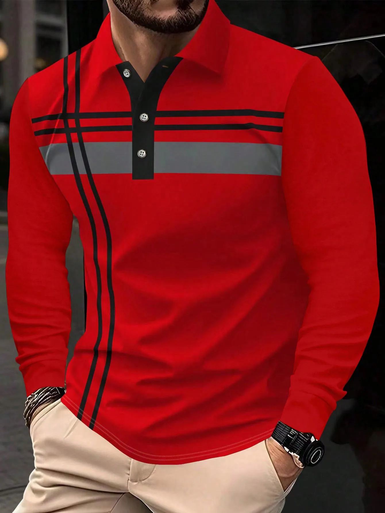 

Men's Red Long Sleeve Polo Shirt with Black & Gray Stripe Design, Casual Fit for Spring Autumn