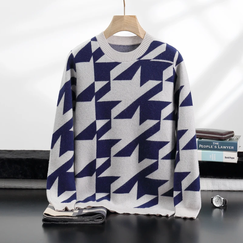 

100% Men Cashmere Autumn Winter Thick O-neck Pullover Geometric Pattern Vintage Durable Style Knitwear Soft Warm Long Sleeve
