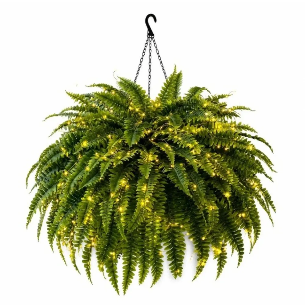 88 Leaves Glowing Boston Ferns with Lights Plastic Warm Light Lighted Boston Fern Plant Fade Resistant Realistic