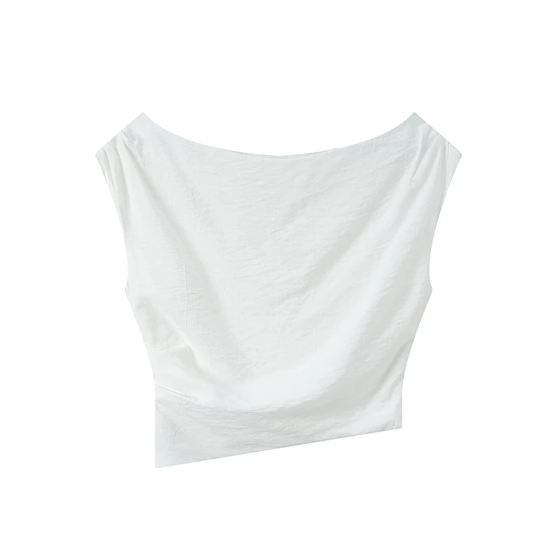 프랑스어 불규칙한 디자인 흰색 오블리크 어깨 반팔 티셔츠 여성 여름 패션 올 매치 슬림 어깨 탑