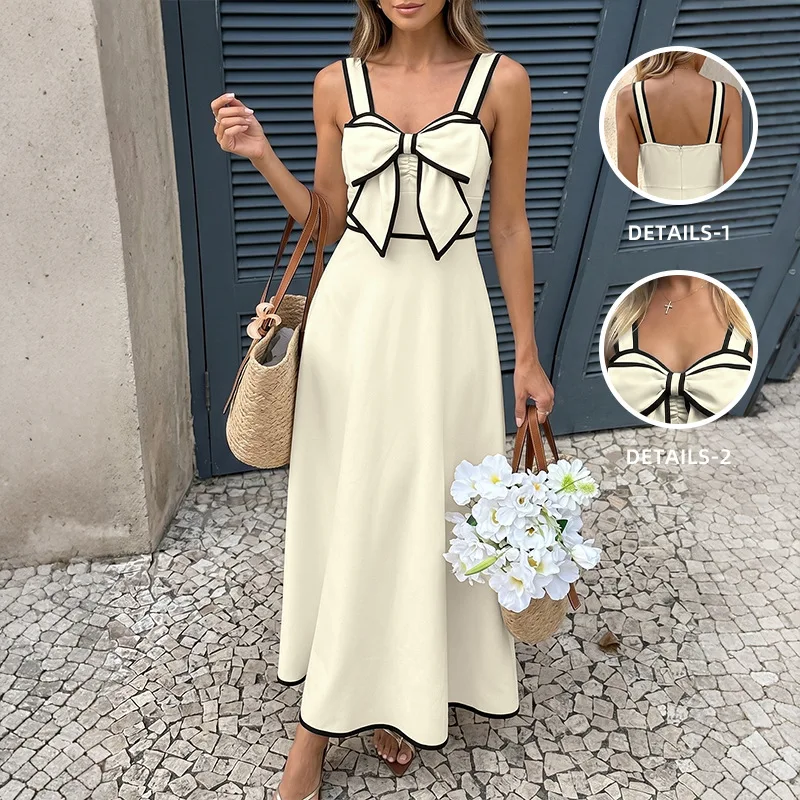 2026 Women's Summer Dress French Bow Maxi Dresses Female Casual Color Blocking Bowknot Beach Sundress Elegant Ladies Beige Skirt