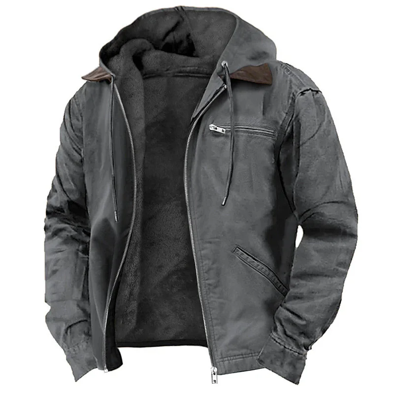 Men's Retro Hooded Fleece Lined Jacket Full Zip Thick Cargo Coat Multi Pockets Casual Streetwear Outerwear for Cold Weather