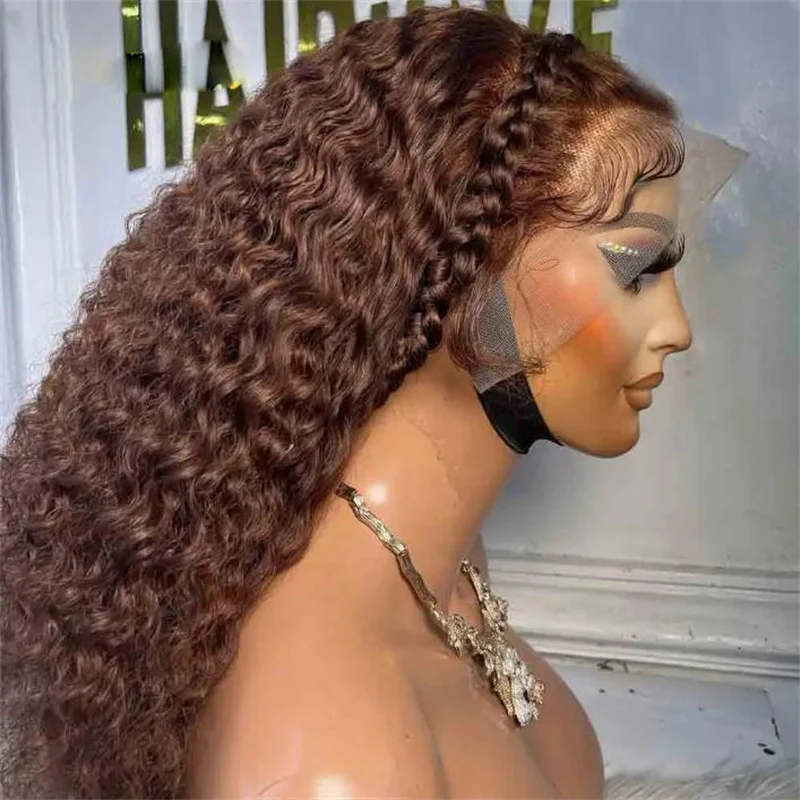 Natural Brown Glueless 26Inch Long 180%Density Kinky Curly Lace Front Wig For Women With Baby Hair Heat Resistant Daily Wig