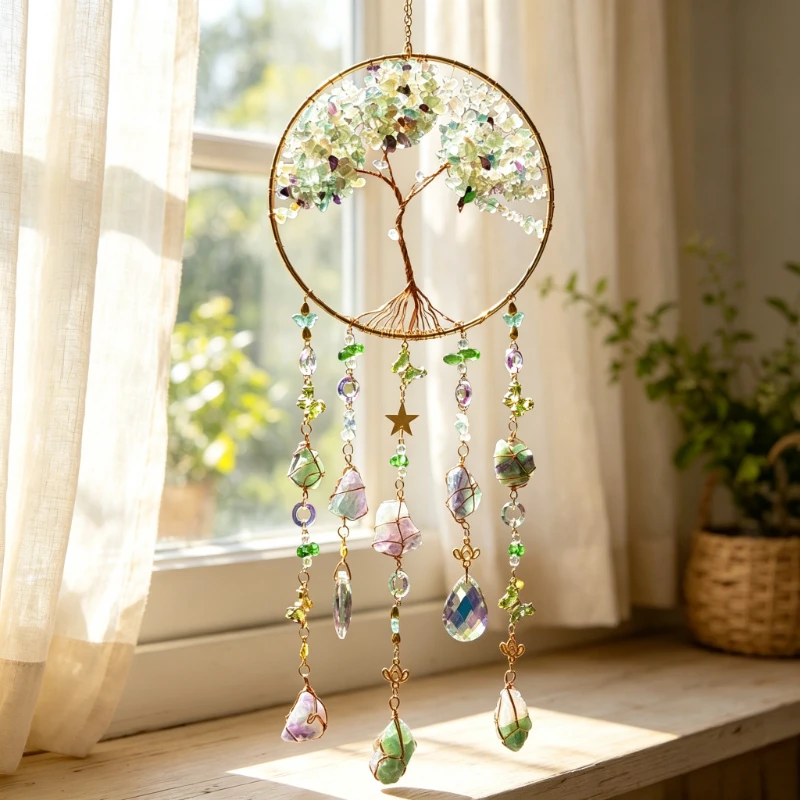 Boho Dreamcatcher Wall Hanging Hand‑made Fluorite Crystal Sun Catcher Pendant Home Wall Art Decor Multi‑Color Ornament