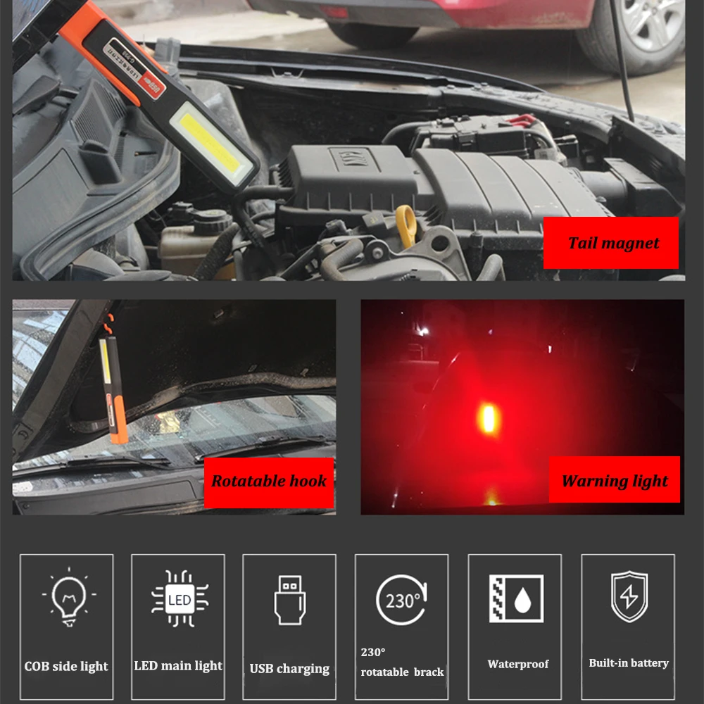 Poderoso COB LED Luz De Trabalho Carro Garagem Mecânico Lâmpada USB Lanterna Recarregável Tocha Magnética Luz De Emergência Luz De Advertência