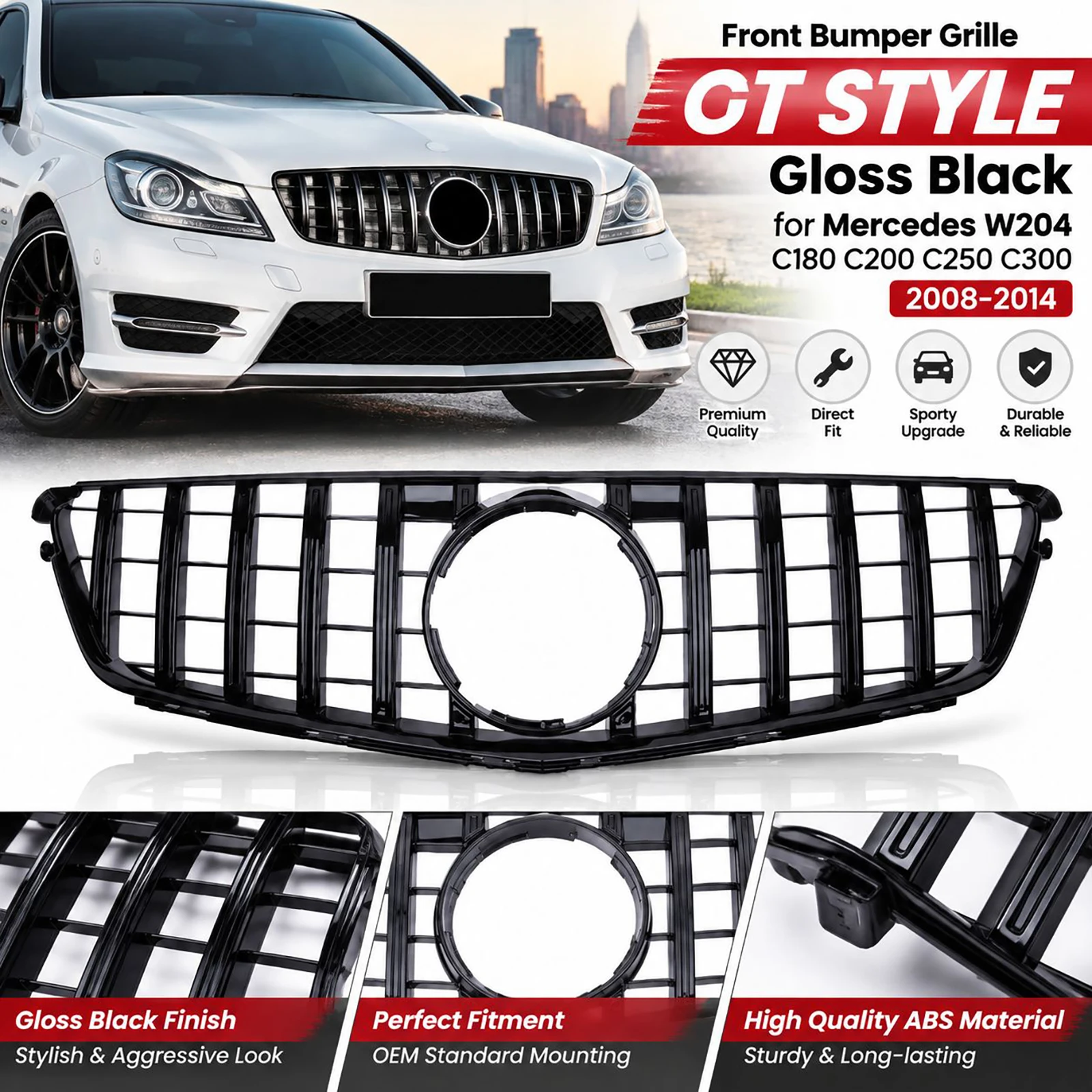 Griglia paraurti anteriore stile GT, finitura nera lucida, per Mercedes W204 C180 C200 C250 C300, modelli 2008-2014.