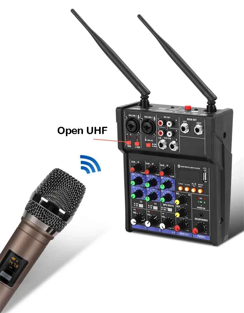 

2025 Mixer 4 Channels Console Wireless Microphone Sound Bluetooth Karaoke Recording Table Professional Audio Mixing Console