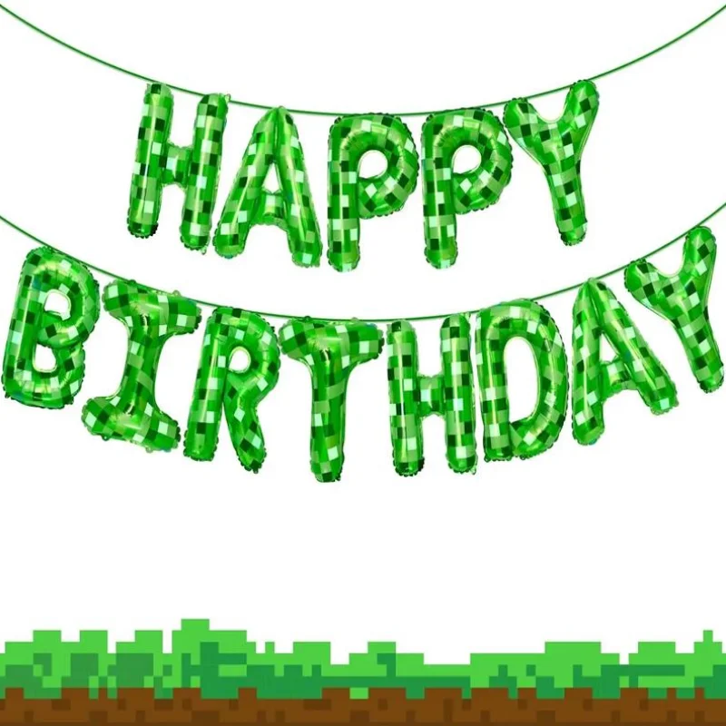 1 ensemble de bannières joyeux anniversaire sur le thème du Pixel vert, Kit de décorations de fête avec ballons Pixel, fournitures d'arrière-plan pour garçons et enfants