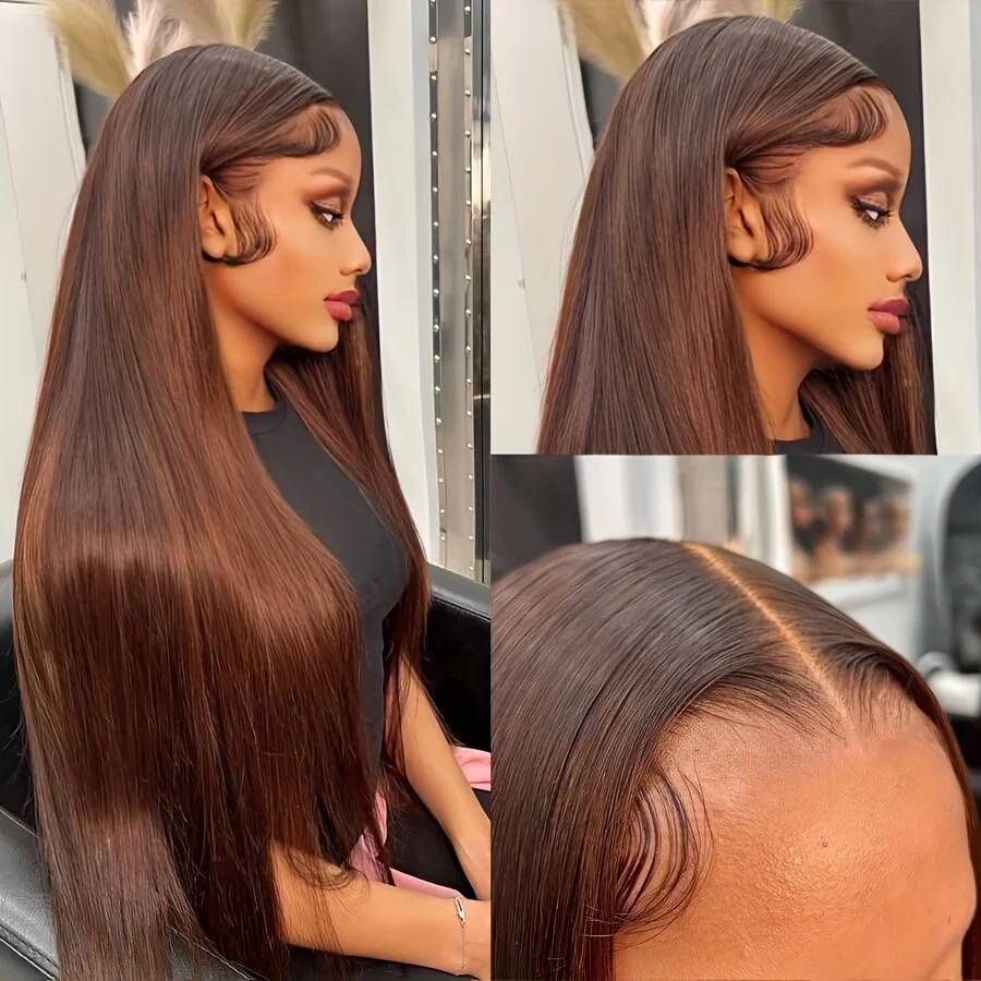 30 Inch 13x4 Transparent Lace Frontal Wig Brazilian Chocolate Brown Straight 13x6 Lace Front Human Hair Wig Preplucked For Women image 6