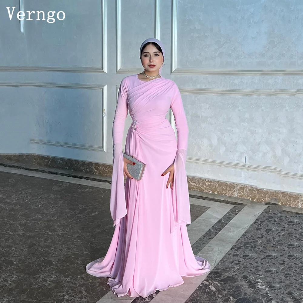 

Verngo Pink Chiffon Evening Dress O Neck Full Sleeves A Line Formal Occasion Dress Pleat Modest Prom Party Gowns Customized