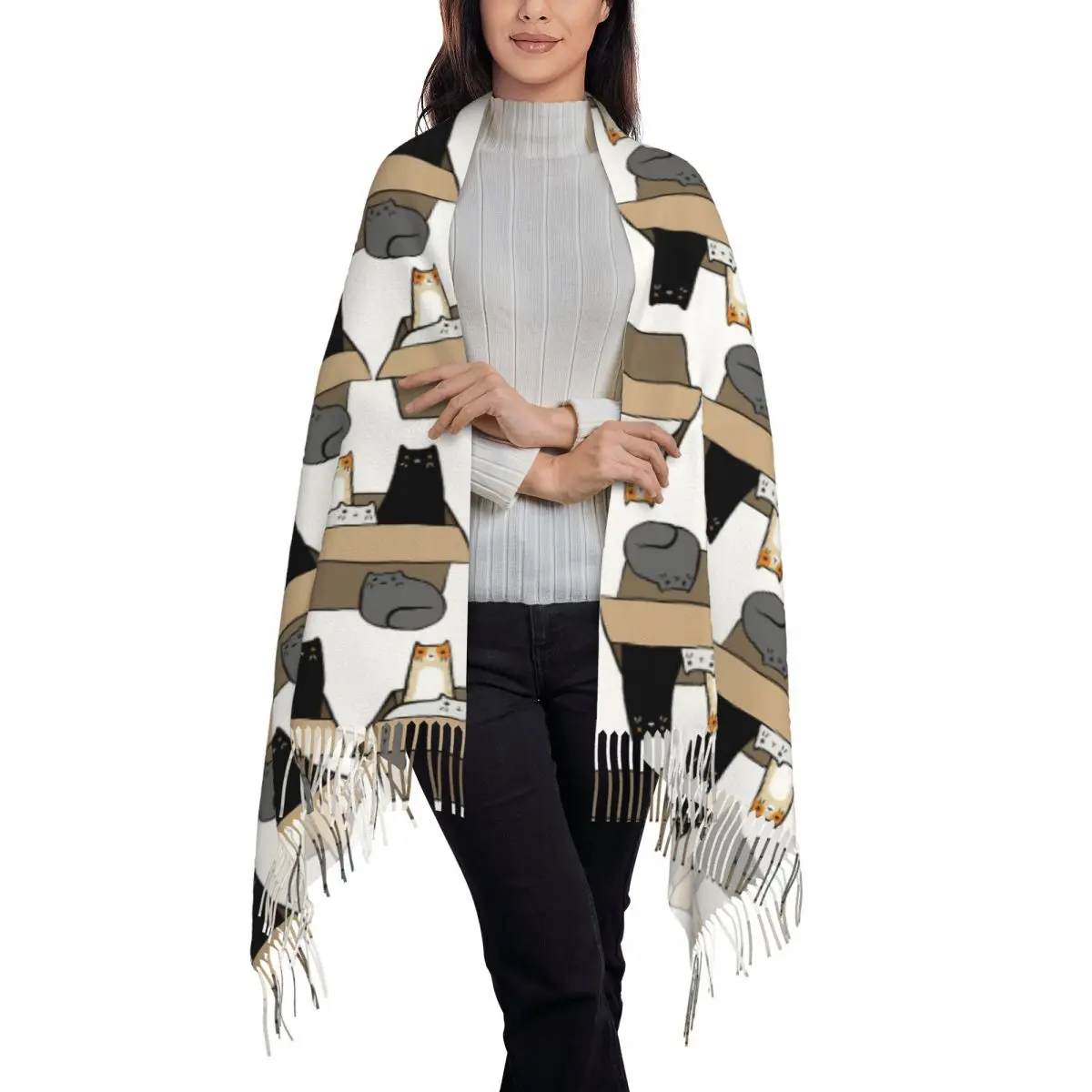 Cats In A Box Scarf Tassel Scarves Women Soft Warm Shawls and Wraps Long Fall Winter Shawl Wrap