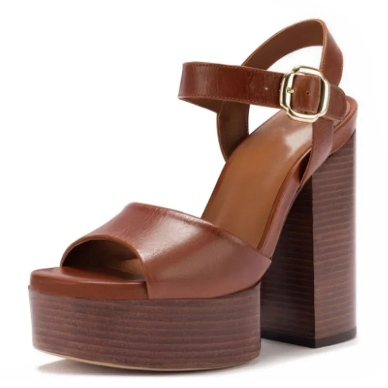 

DIZHUANG Fashionable women's high-heeled sandals. Brown PU high-heeled sandals. About 13cm heel height. Coarse heeled sandals.