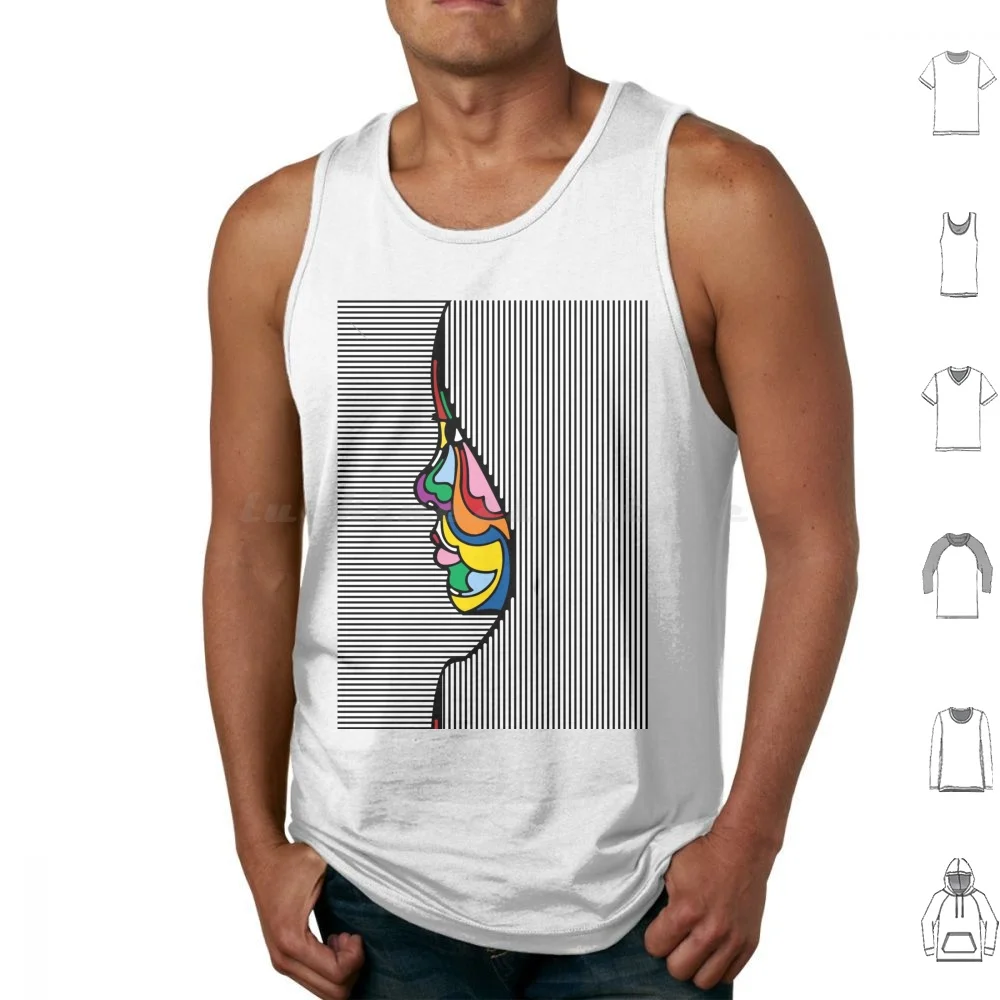Trippy Funky Abstract Portrait Tank Tops Print Cotton Funky Hippie Colorful Lines Pattern Side View Woman Profile Face