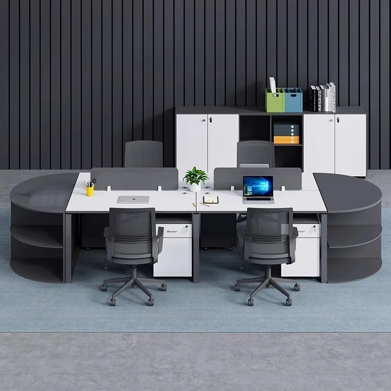 Stylish White With Semi-round Four-person Staff Office Desk And Chair Combination 2/4/6/8-person Combination Workstation Compute