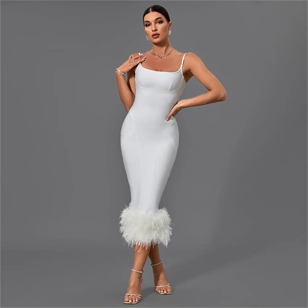 

Hot Selling Scoop Neckline Sleeveless Sheath Satin Evening Dress Open Back Zipper Ankle Length With Feathers Hem Gown For Women