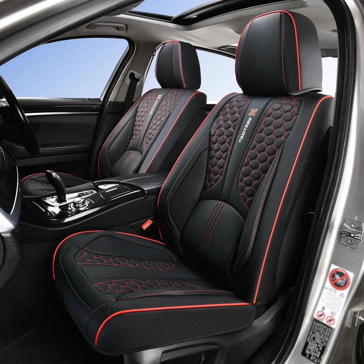 Black and Red Leather Car Seat Cover Set, with Lumbar Support | OEM-Inspired Interior Upgrade