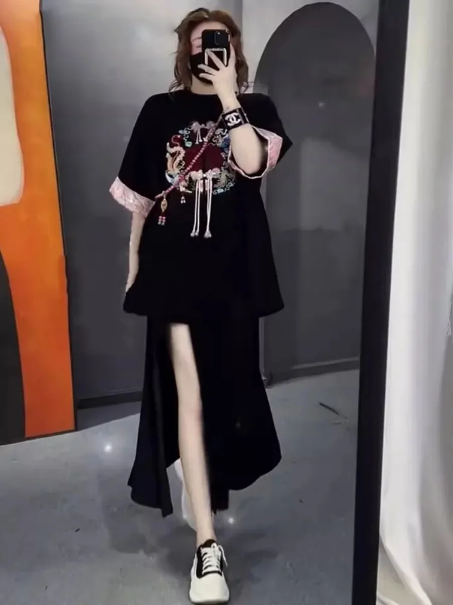 

plus Size Women's T-Shirt And Skirt Set with Button Design Slimming Chinese Style High Waist Split Skirt Two Piece Set