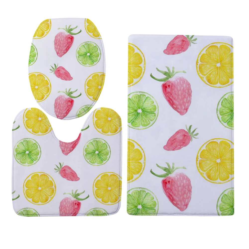 CLOOCL Fashion Toilet Cover Set 3D Graphic Fresh Leaf Lemon Printed Three-piece Toilet Flannel U-shaped Carpet Absorbent Rug