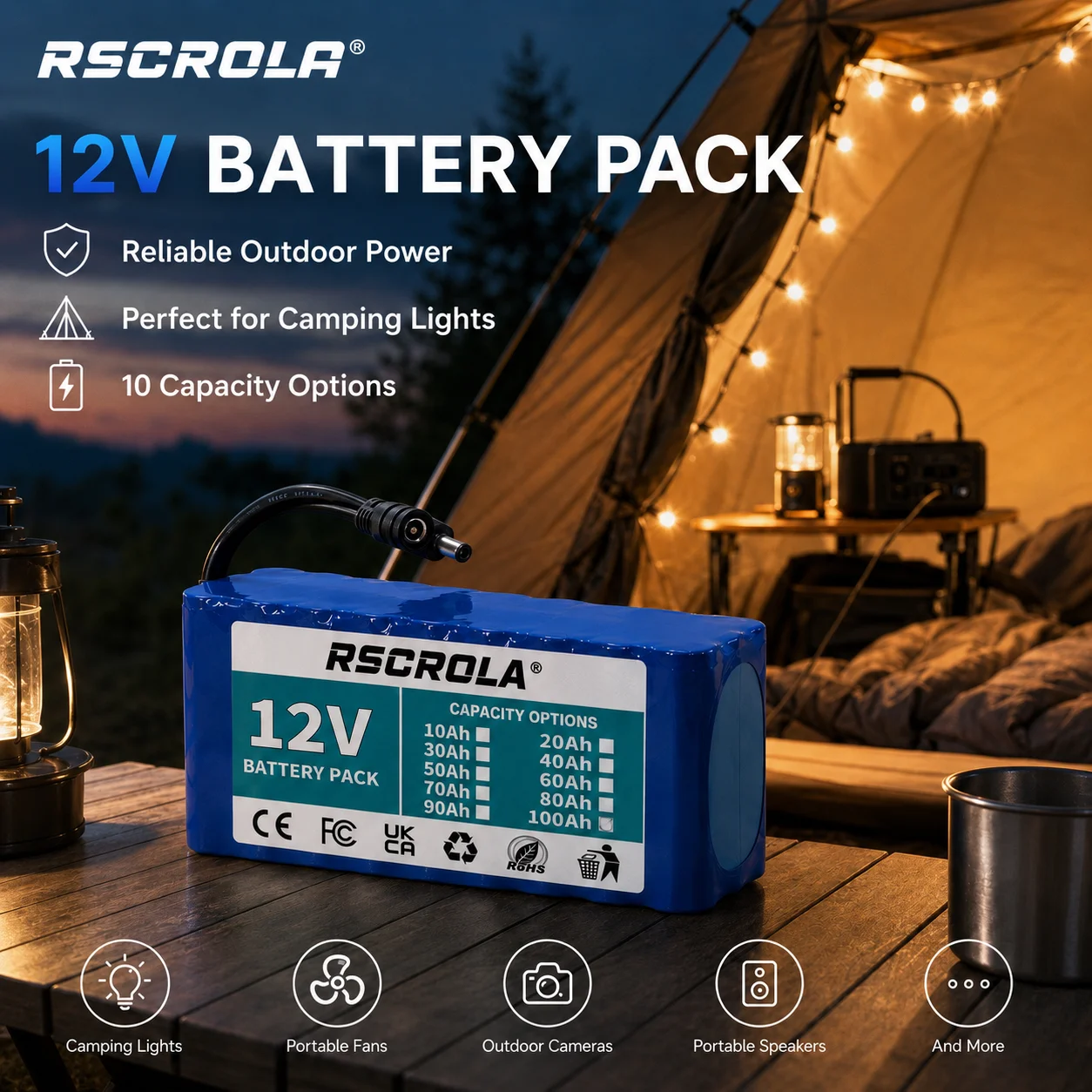 

12V Rechargeable Battery Pack 10Ah-100Ah Portable Li-ion Power Supply for Camping Lights, Fans, Speakers,