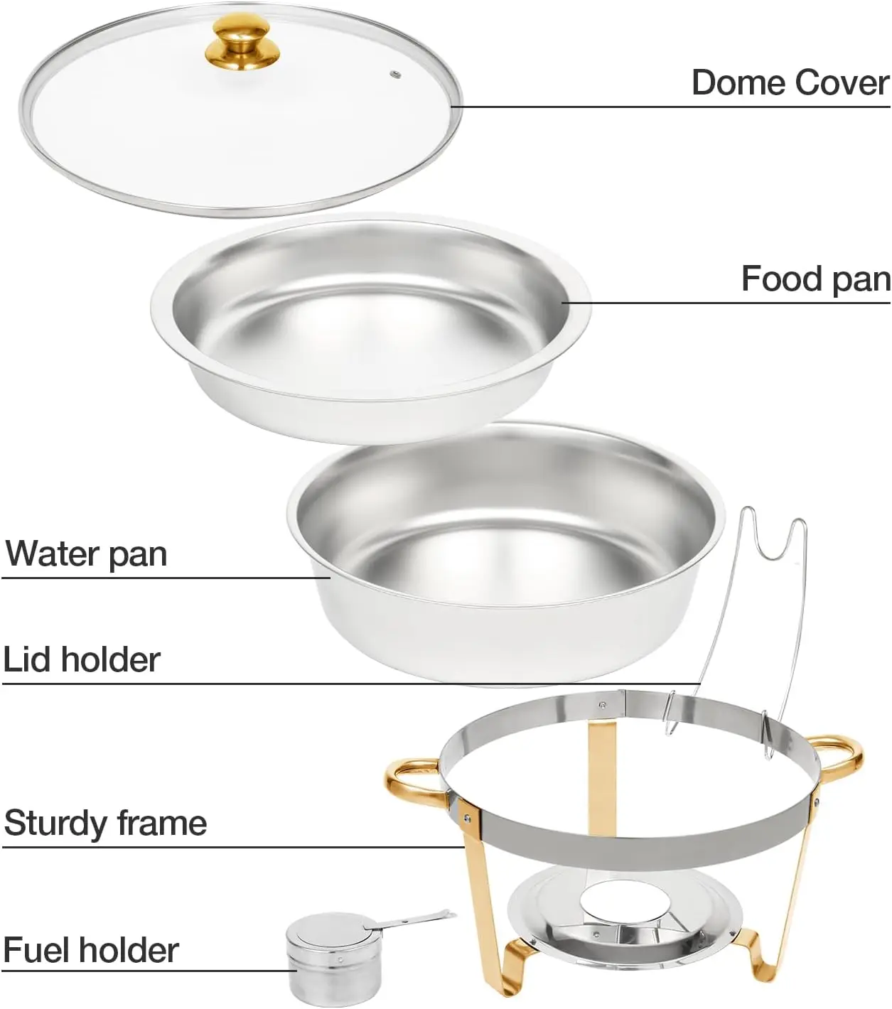 Chafing Dish Buffet Set 4 Pack, 7.5 QT Stainless Steel Round Chafers and Buffet Warmers Set with Glass Viewing Lid