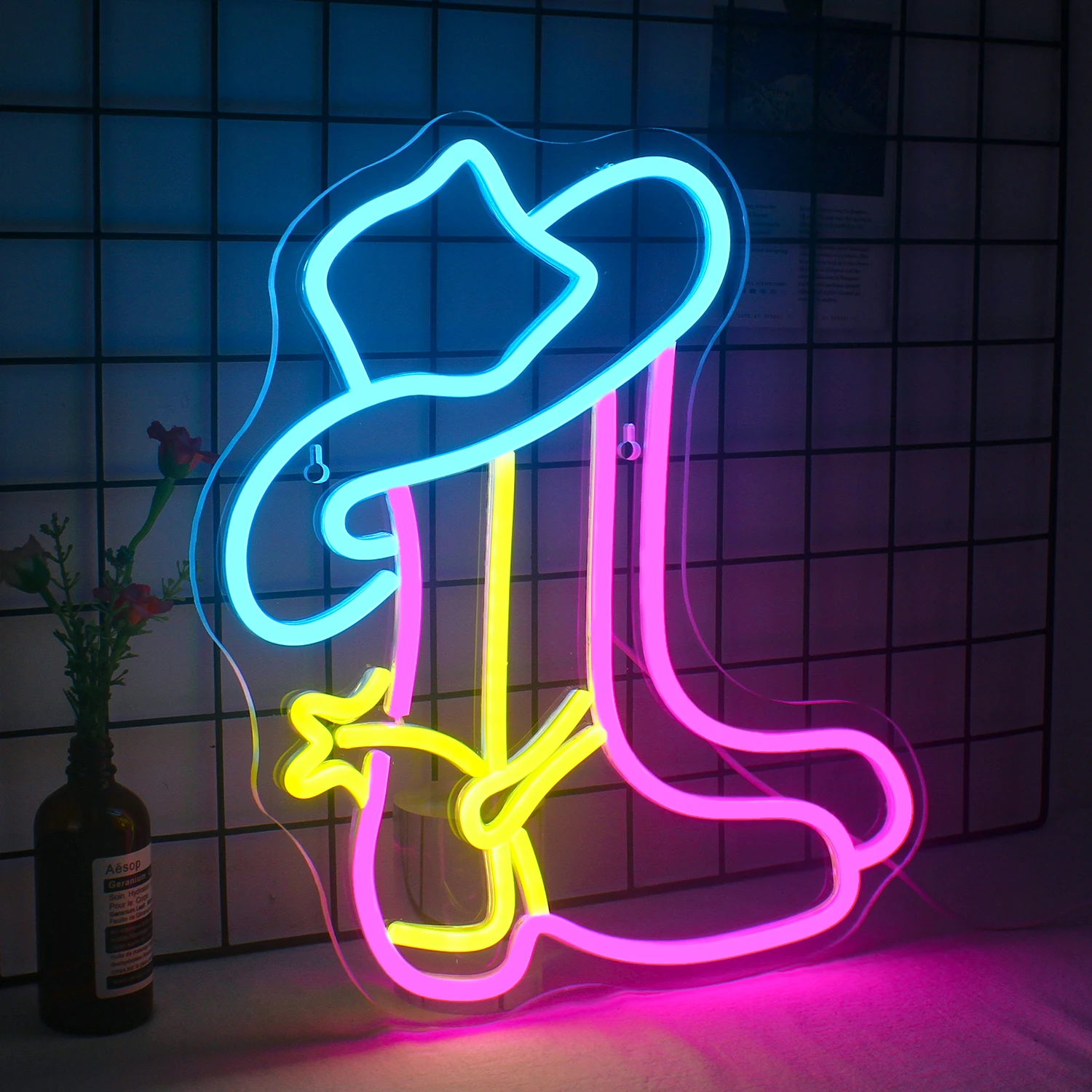 Cowboy Boots Hat Neon Sign For Wall Decor Art Room Decoration For Home Bedroom Party Bar Club Dimmable Fun Western LED Lights