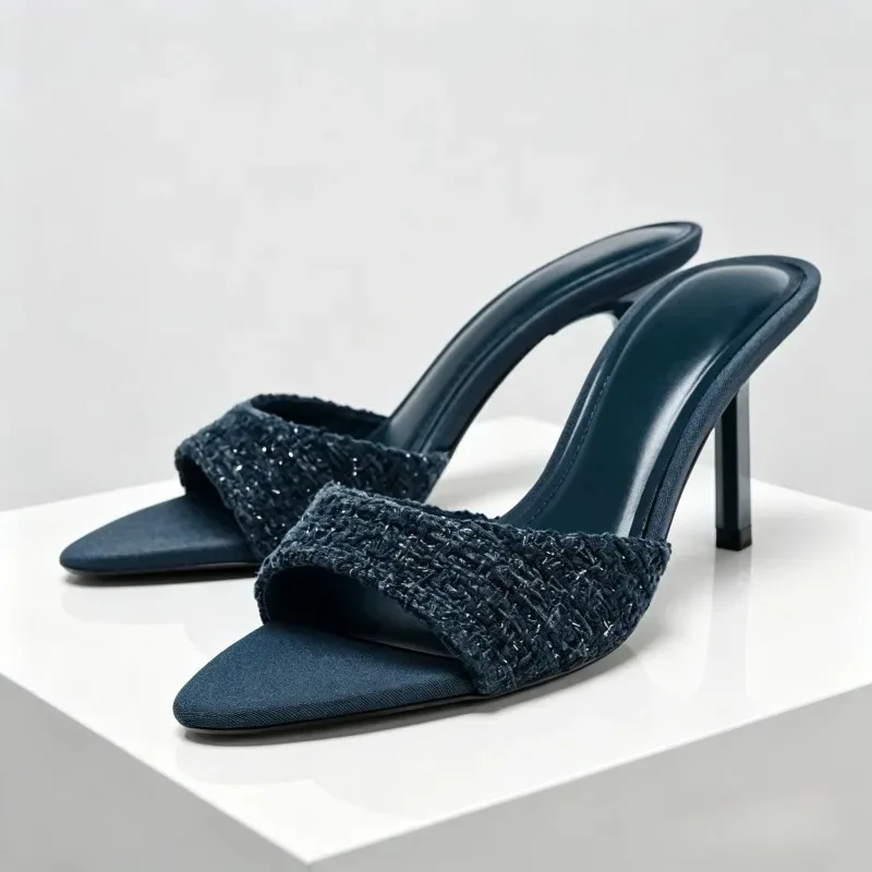 Comfortable Fabric Upper Thin High Heeled Women Slippers Summer Sexy Peep Toe Slides Sandals Luxury Designer Heels for Ladies