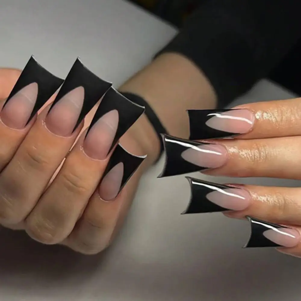 Long Duck Feet Fan Flare Tips Duck Nail Tips Simple Black White Edge Duck Feet Fan Flare Tips French Full Cover Press on Nails