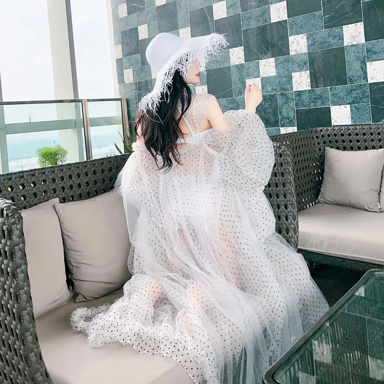 

Ultra-Long Bell Sve Sun Protection Cardigan Lace Me Commute Sle Korean Version round Dot Pattern Nine-Tenths Sve Le...