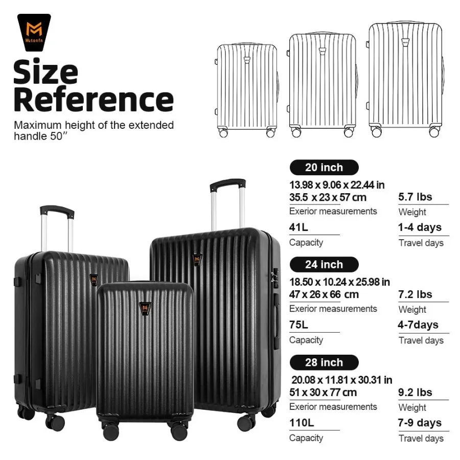 Ensemble de bagages 3 pièces, valise à coque rigide robuste, roues à Double Spinner, boîtier de chariot de voyage de grande capacité, comprend 3 pièces en forme d'US T