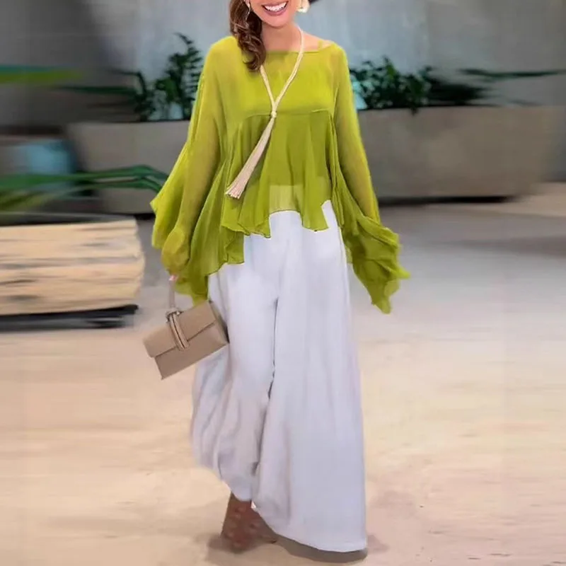 

Простой модный однотонный комплект из 2 предметов, женская элегантная блузка с круглым вырезом и рюшами, рубашки и широкие брюки, костюмы с длинными рукавами, осенние наряды