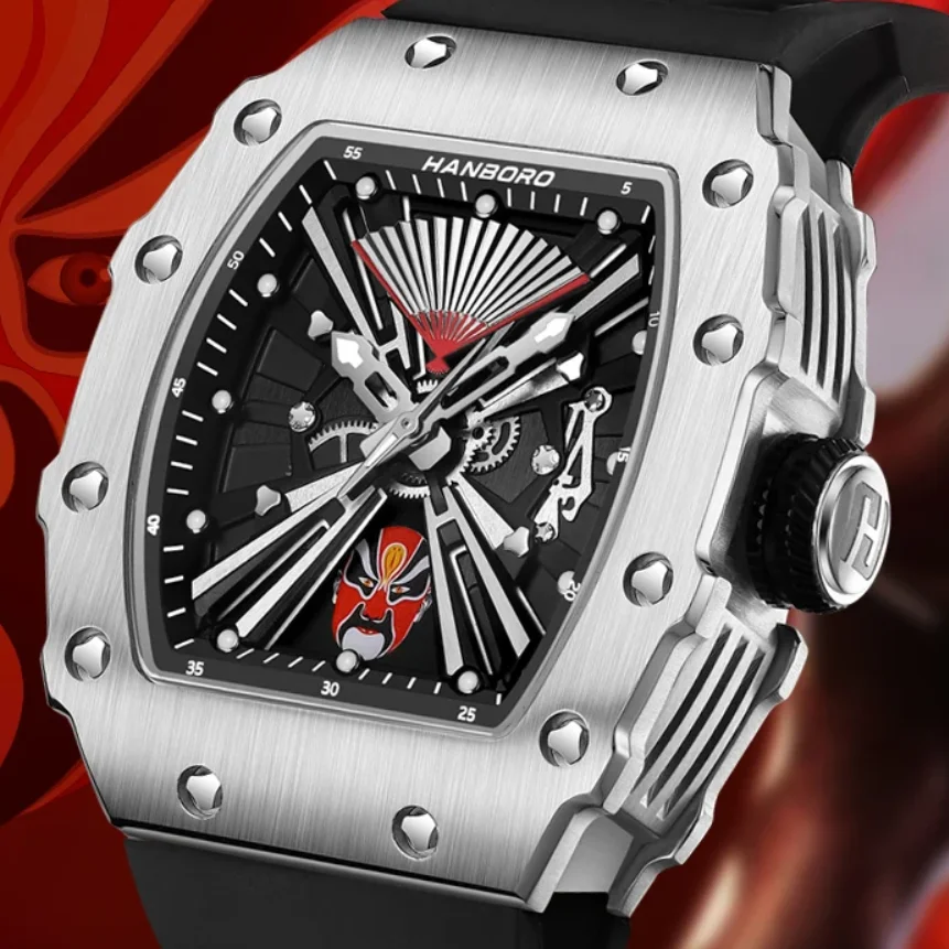 HANBORO Men Automatic Watch 50.5mm Tonneau Mechanical Wristwatch Luminous 5ATM Rotatable 6 Facial Makeup Dial