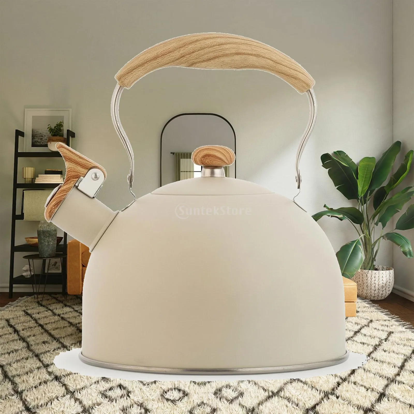 Stainless Steel Kettle 316 Grade Classic Whistling Tea Kettle Flat Base Water Pot with Wood Accents for Modern Kitchens