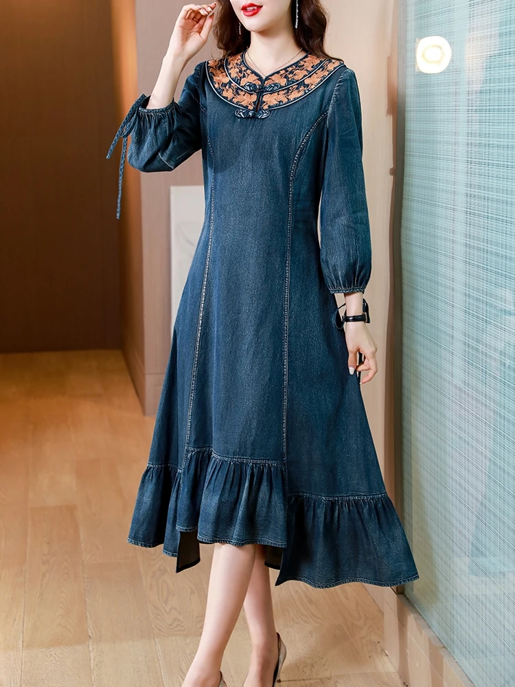 TIYIHAILEY Free Shipping Women Long Mid-Calf Full Sleeve Denim Spring Dresses S-2XL Chinese Style Embroidery A-line