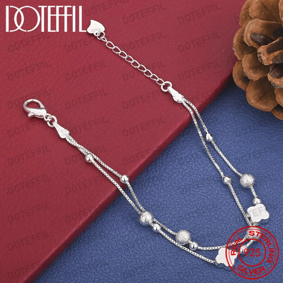 

DOTEFFIL 925 Sterling Silver Flower Matte Frosted Bead Box Chain Bracelet Jewelry