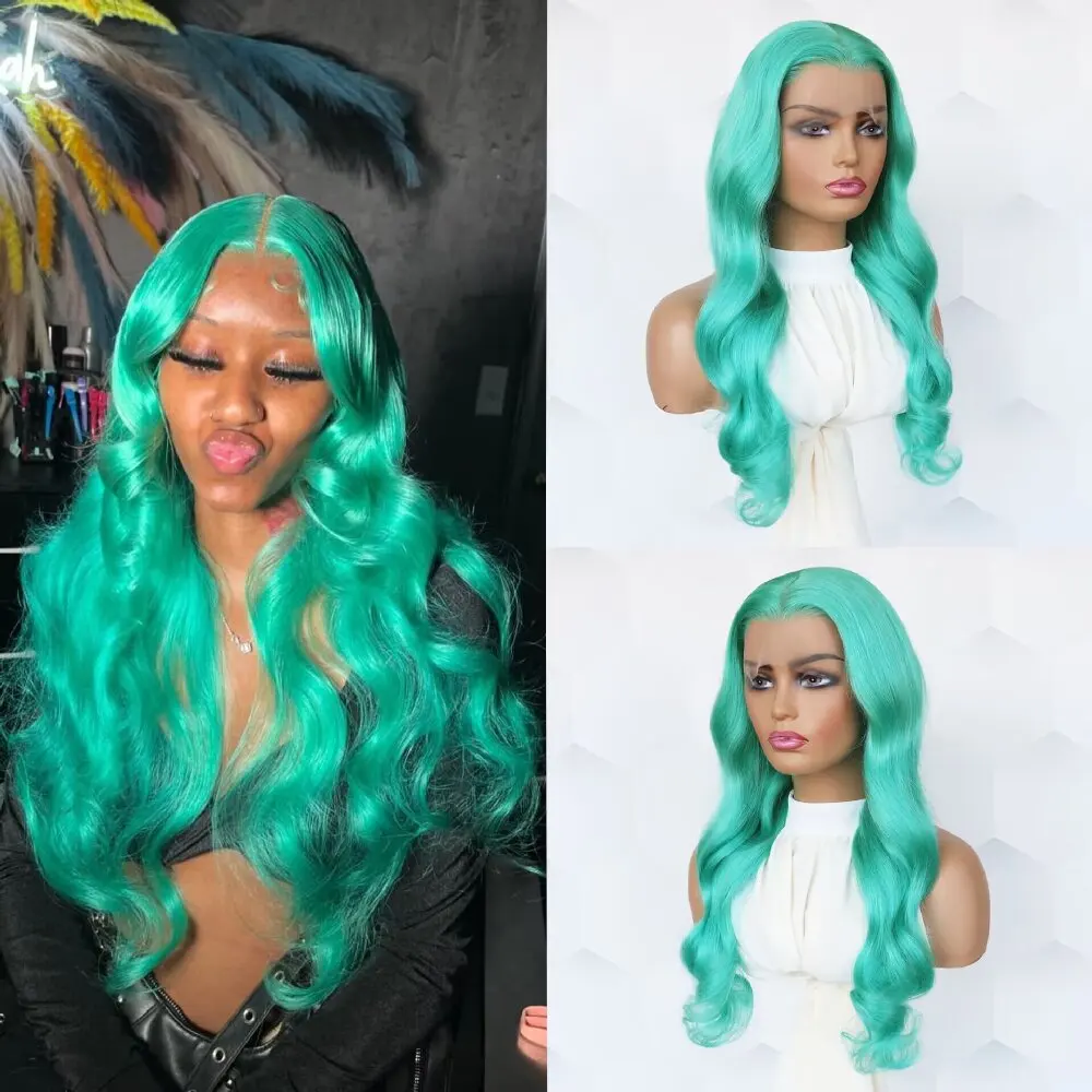 Body Wave Hair HD Pre-Extracted Hairline Real Wigs 13x4 Front Lace Mint Green Wigs Brazilian Native Real Hair High Density Wigs