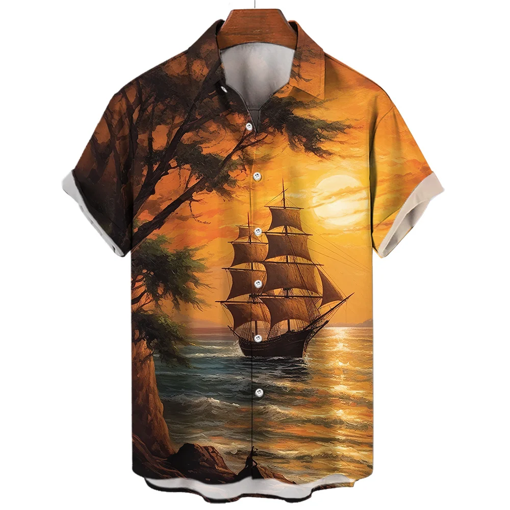 Hawaiian Navigator Sailboat Pattern Men\'s Shirt Sea 3D Printed Retro Short Sleeve Resort New Casual Beach Y2k Oversized Clothe