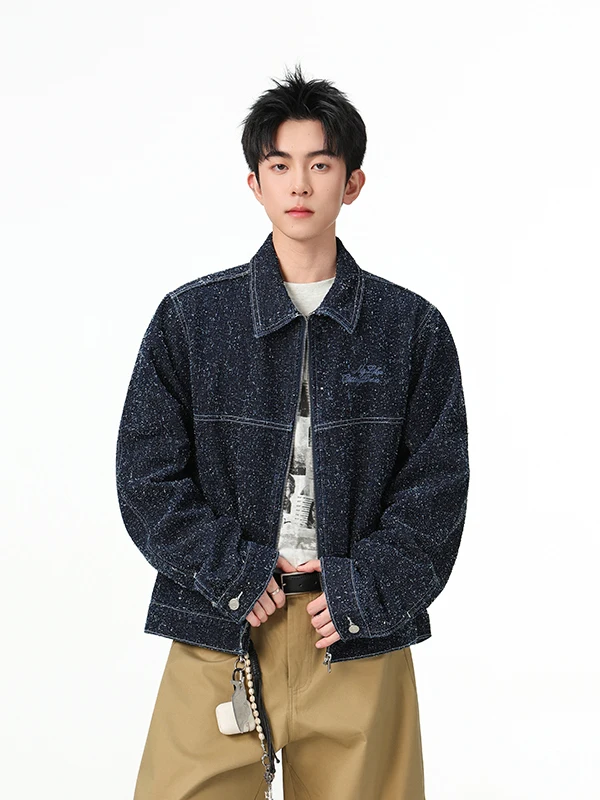 

Retro American Denim Jaet Men's Spring Trend Cleanfit Collar Loose Workwear Top Long Sve Zipper Closure Casual Outerwear