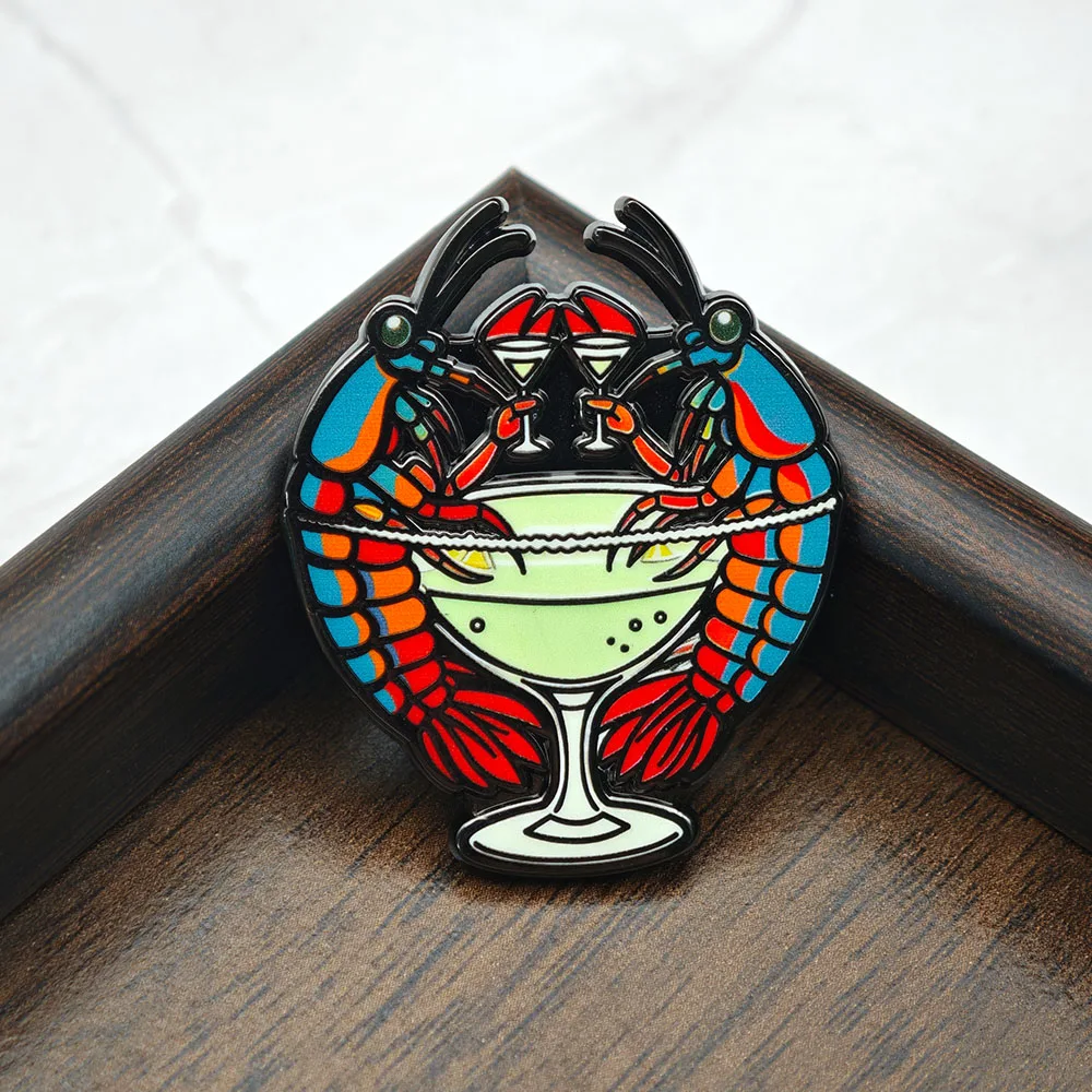 Funny Lobster Cocktail Enamel Pin Cute Animal Brooch Margarita Martini Glass Metal Badge Alcohol Lover Lapel Pins Party Gift