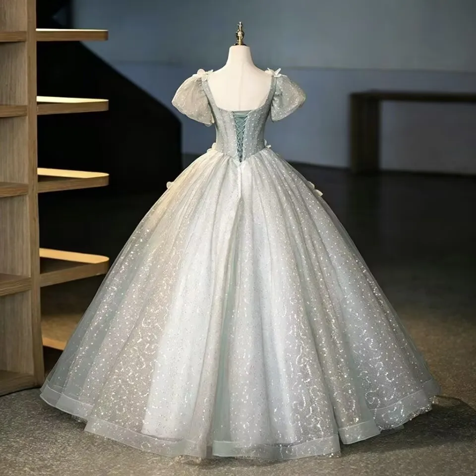 JEHETH Sparking Short Sleeves Flowers Quinceanera Dresses Ball Gown Lace Appliques Party 15 Year Old Customized Prom Gown