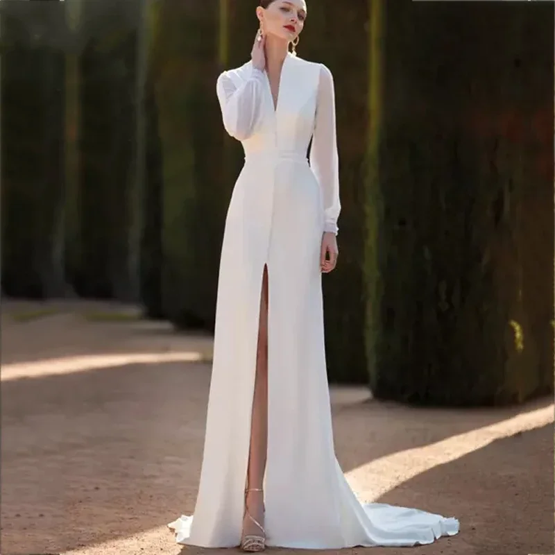 

Simple Long Sleeves Mermaid Wedding Dresses 2024 Sexy V Neck Side Slit Bridal Gowns Cut Out Back Elegant Vestidos De Noiva