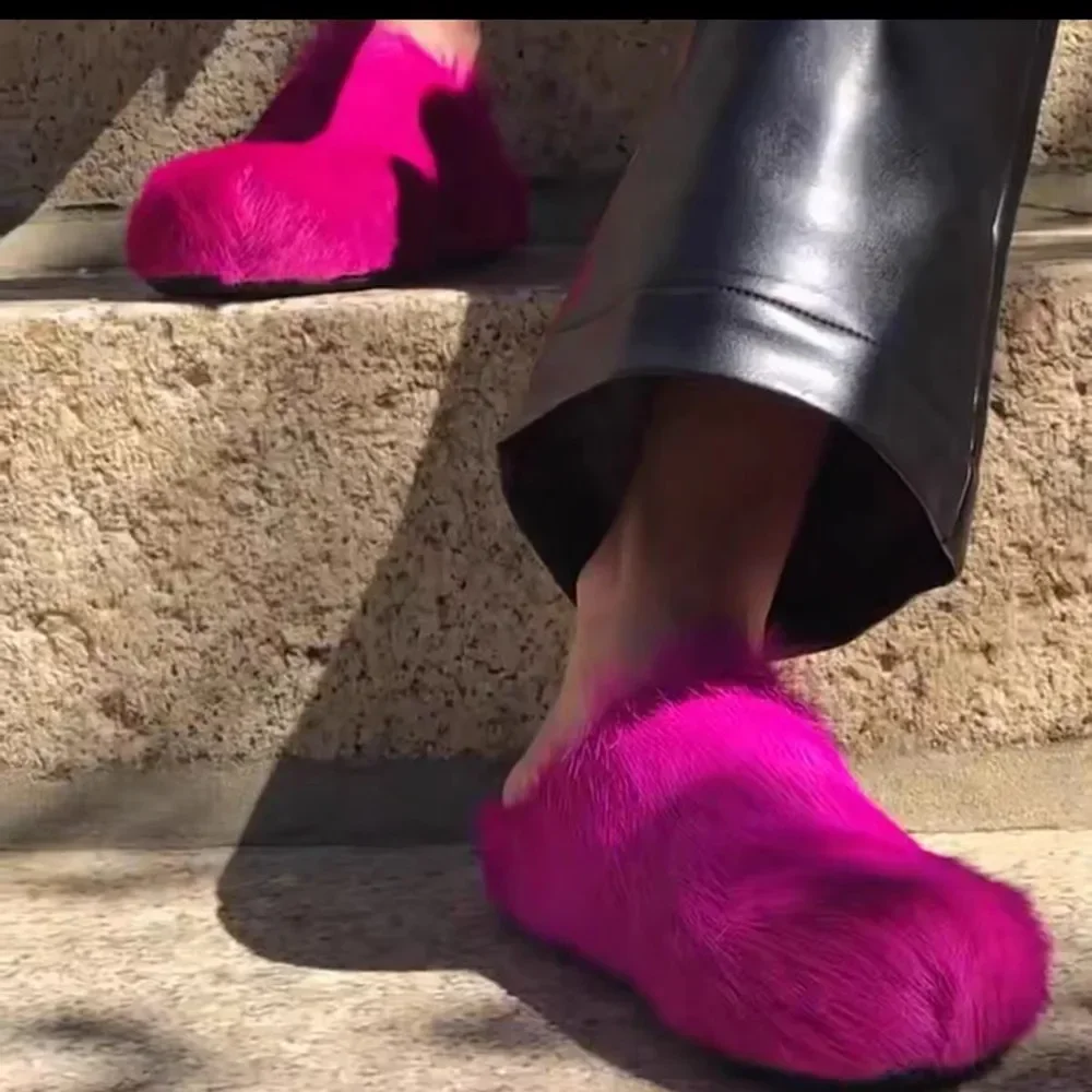 Luxury Leather Slipper Set Women's Flat And Sturdy Horsehair Shoes Round Covered Designer Brand Casual Shoes