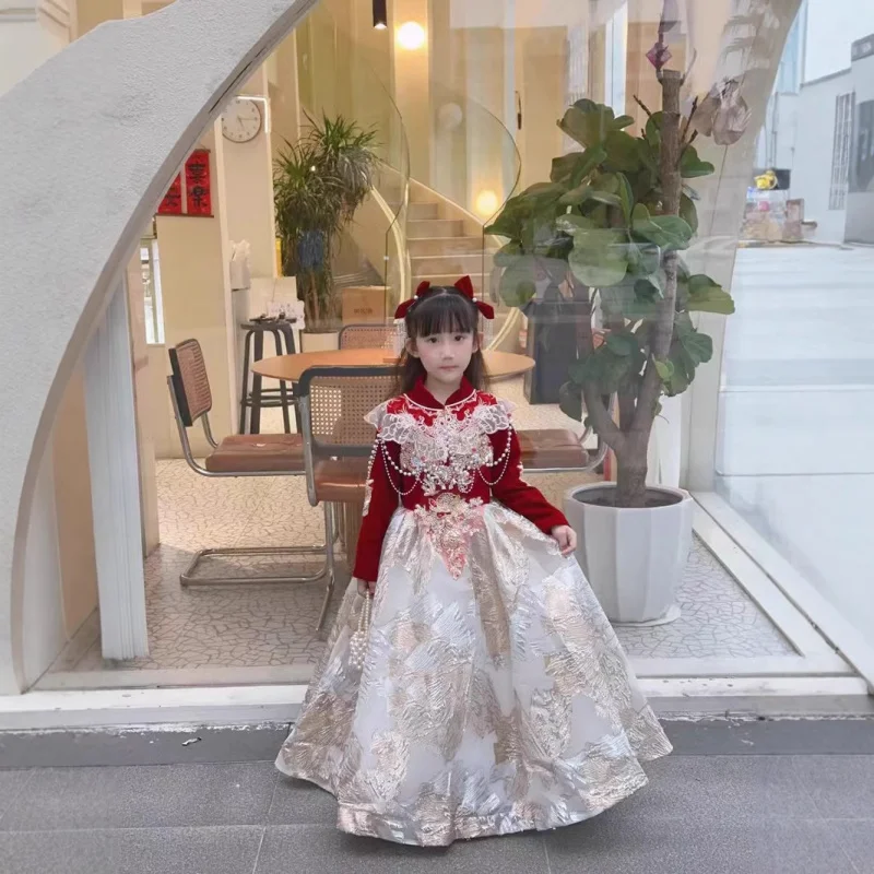 New Chinese Style Children's Dress Niche Light Luxury High-end Birthday Girl Cheongsam Evening Dress Long Sleeve Dress Performan