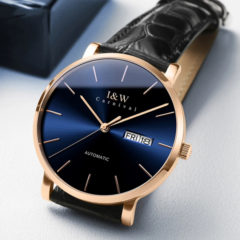 Carnival High-end Series I&W Brand Luxury Imported Mechanical Watch for Men Genuine Leather Strap Week Date Sapphire Watches Men
